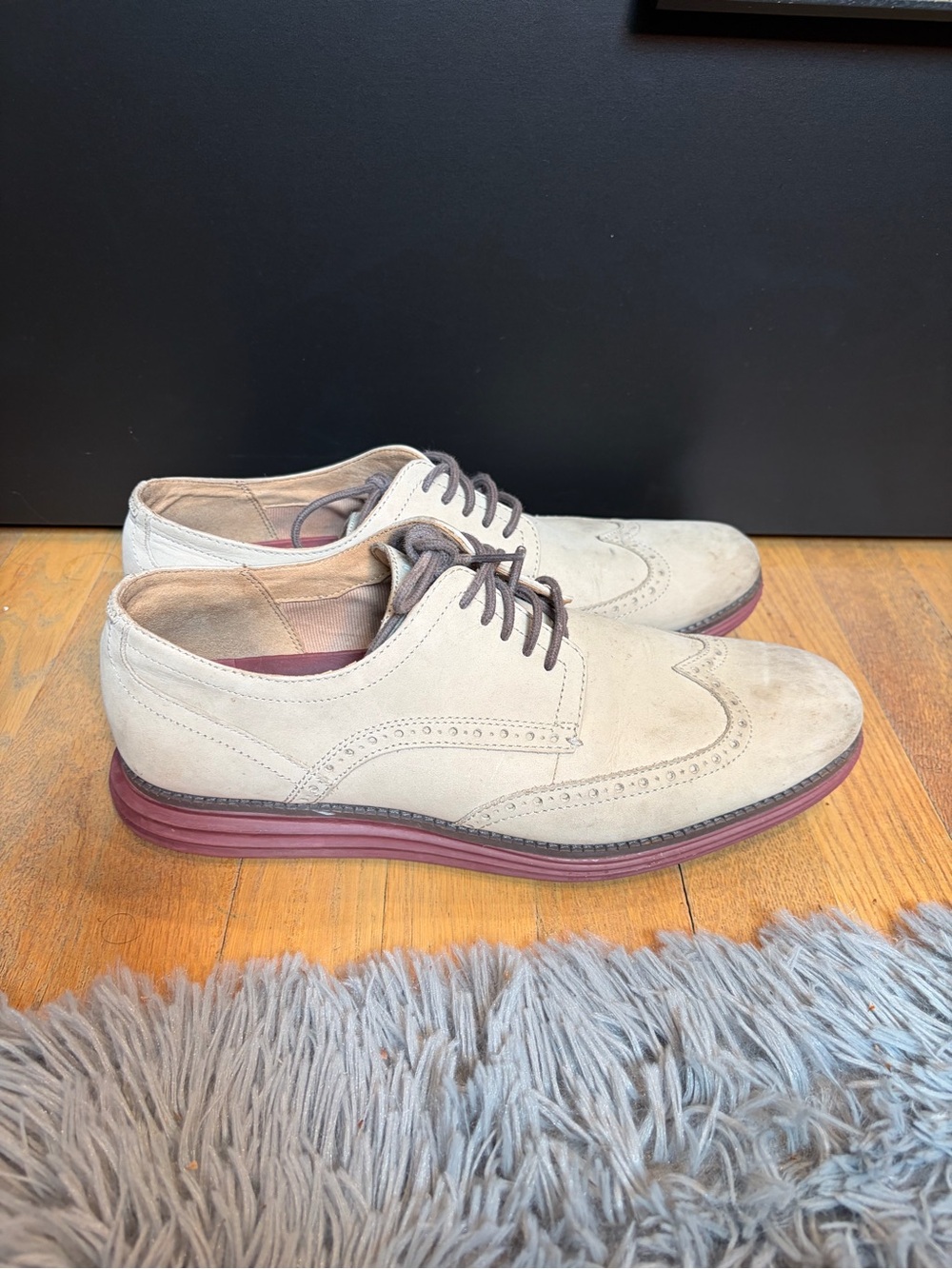 Cole Haan Beige Suede Wingtip Oxfords with Burgundy Sole